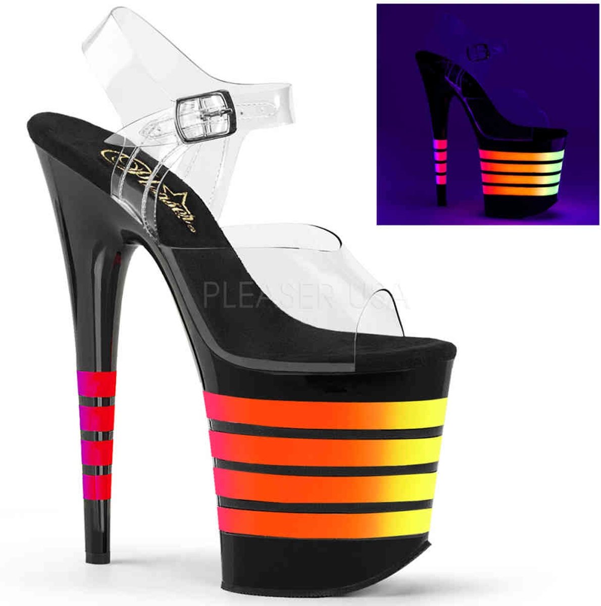 EU 39 = US 9 | FLAMINGO-808UVLN | 8 Heel, 4 PF Ankle Strap Sandal w/Neon UV Reactive Lines